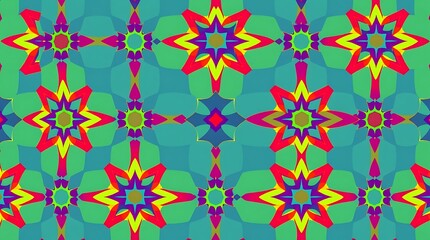Vibrant Kaleidoscope Pattern: A mesmerizing teal backdrop showcases a kaleidoscopic design of colorful stars and geometric shapes, creating a vibrant and dynamic visual experience.