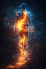 A glowing human silhouette with energy waves radiating from the stomach area,