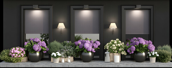 Fototapeta premium Elegant Home Entrance with Blooming Hydrangeas, Planters, and Soft Lighting Enhance Curb Appeal.