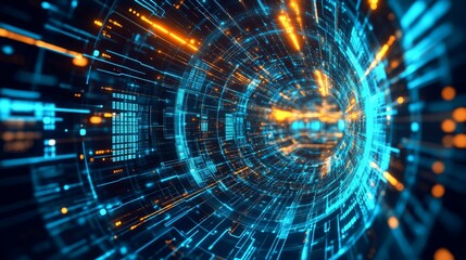 Obraz premium Big data analytics solutions isometric landing page, information technology concept, info blocks flow through luminous circle, datum traffic analysis, server room with connections 3d vector web banner