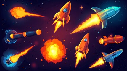 Blaster shot effects with fire, energy and plasma beams isolated on background. Vector cartoon set of alien weapons attack effect with plasma rays, lightning, fireball and flash