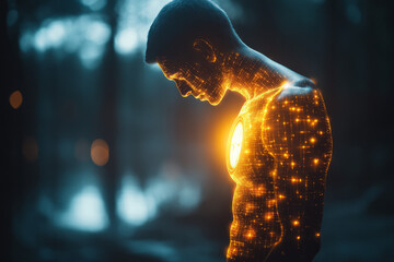 A human figure glowing softly with a clock replacing the stomach area,