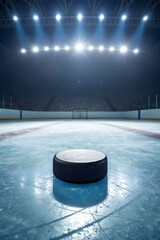 A close-up view of a hockey puck on a frozen rink, illuminated by bright stadium lights. The arena is empty, with focus on the puck and reflective ice surface.