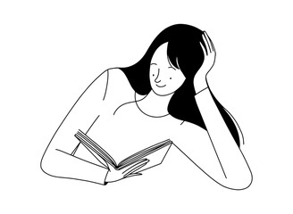 vector linear outline illustration, a cheerful girl reading a book with her head resting on her hand. Vector illustration