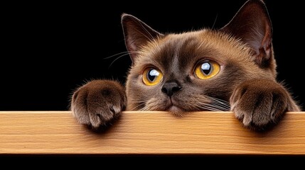 Curious cat peering over a wooden surface indoor setting high-quality image close-up view animal behavior