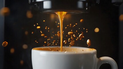 Espresso pouring into cup with coffee beans levitating.