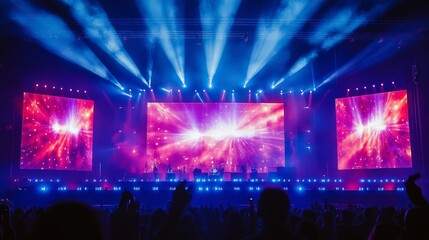 Led light screen concert or show background. Board wall stage with monitor glow tv pixel texture pattern. Digital television technology lcd projection studio for cinema or disco club performance.
