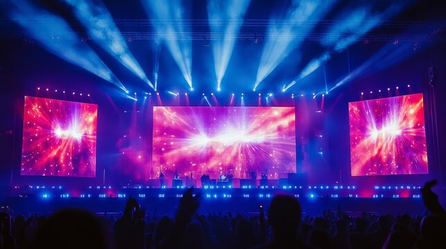 Led light screen concert or show background. Board wall stage with monitor glow tv pixel texture pattern. Digital television technology lcd projection studio for cinema or disco club performance.