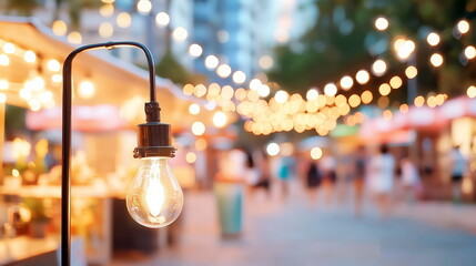 A glowing light bulb hanging in the foreground with a blurred city background and string lights. Ideal for themes related to outdoor events, urban nightlife, and creative lighting.