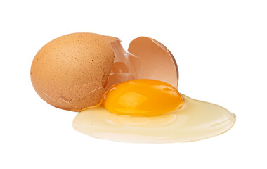 Broken Egg Isolated, Raw Yolk and White, Cracked Brown Shell, Fresh Broken Organic Chicken Eggs on...