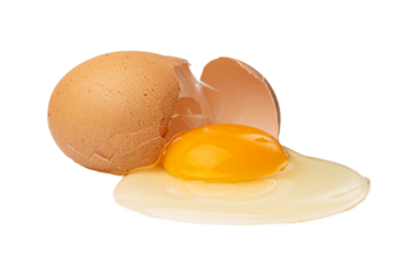 Broken Egg Isolated, Raw Yolk and White, Cracked Brown Shell, Fresh Broken Organic Chicken Eggs on White Background