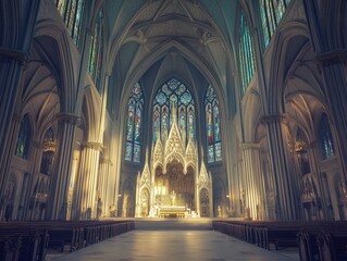 Obraz premium A large cathedral with stained glass windows and a long aisle. The cathedral is empty