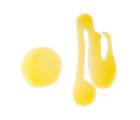 Spilled virgin olive oil isolated, oily liquid puddle, yellow stain, splatter on white background