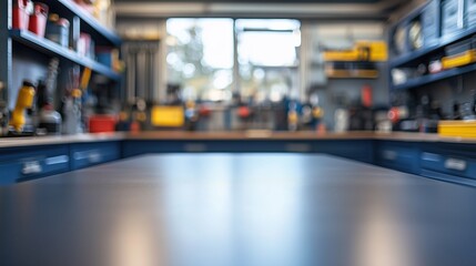 A blurred view of a workshop with tools and equipment neatly organized on shelves. This image is ideal for themes related to craftsmanship, DIY, and workspace environments.