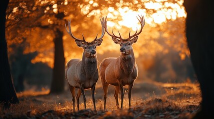 Two majestic male deer stand side by side in a tranquil forest setting. The warm glow of a golden sunset highlights their antlers and the rich autumnal colors surrounding them