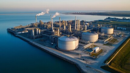 A large industrial complex features several storage tanks and smokestacks releasing steam into the air. The facility is situated by the water, illuminated by the golden light of sunset