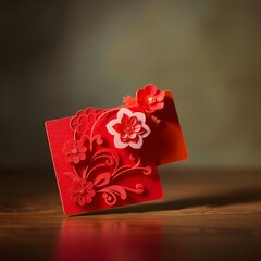 Red Chinese New Year Envelope with  Floral Design: Traditional Lunar New Year Lucky Money Gift ore red envelop