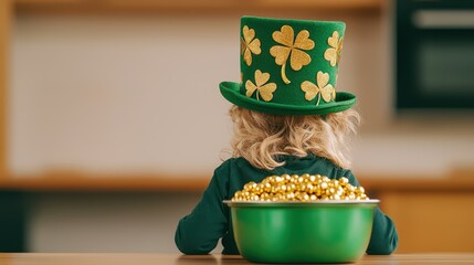 St. Patrick Day Kid Costume Concept, Child Wearing Festive Green Hat with Golden Clover Designs Enjoying a Celebration at Home