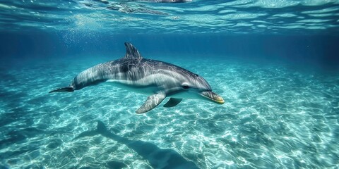 Fototapeta premium A dolphin swimming through crystal-clear water, its sleek body cutting through the surface.