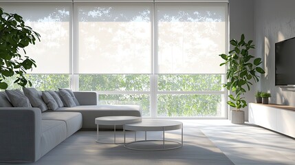 Sleek modern living room with white roller blinds covering large windows, soft gray sofa, and minimalist coffee table