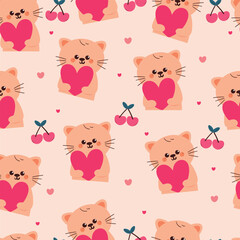 Obraz premium seamless pattern cute cartoon cat holding pink heart. cute animal pattern for valentine wallpaper, background