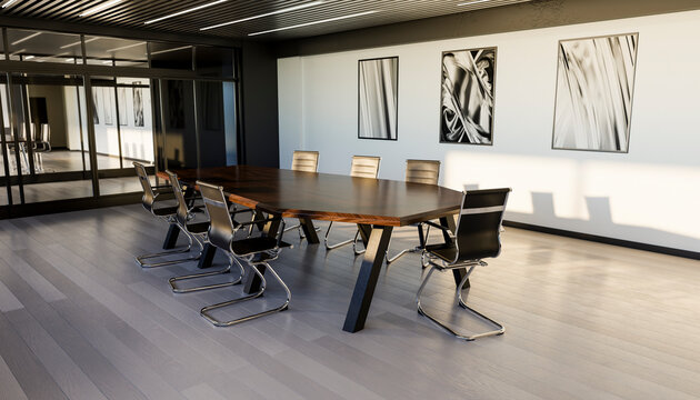 3d rendering of empty chairs near table in modern office