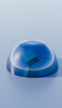 3D rendering of cube inside glass against blue background