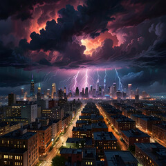 In a swirling cacophony of neon lightning and ominous shadows, a schlocky electrifying cloud city looms in an oil painting