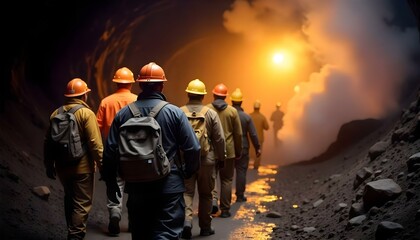 Naklejka premium Group of miners walking through a dark, smoky tunnel, illuminated by safety lights in the background
