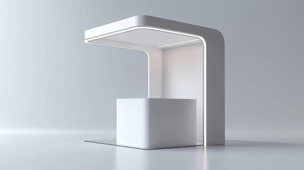 3d white stand booth for presentation event mockup. Vector promotional blank wall in room display for exhibition with table or podium. Empty expo business cube corner kiosk retail background set.