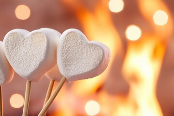 There are three heartshaped marshmallows on sticks placed cozily in front of a warm and inviting fireplace, creating a delightful scene. Bonfires with heart-shaped marshmallows