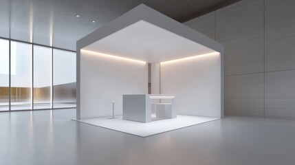 3d white stand booth for presentation event mockup. Vector promotional blank wall in room display for exhibition with table or podium. Empty expo business cube corner kiosk retail background set.