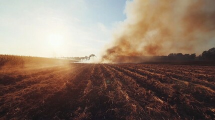 Fototapeta premium Smoke Rising Over Farmland Under Bright Midday Sun