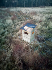 Aerial view of a High stand for hunters made of wood, used by hunters during hunting, designed for...