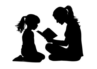 Little boy and little girl reading book silhouette, love reading, kids reading books Isolated vector illustration
