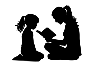 Little boy and little girl reading book silhouette, love reading, kids reading books Isolated vector illustration