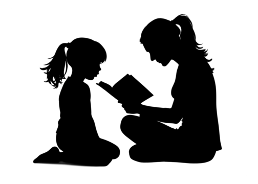 Little boy and little girl reading book silhouette, love reading, kids reading books Isolated vector illustration