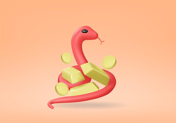 Vector render illustration of a red snake icon wrapped around a gold bar and a golden coin. It represents wealth, risk-taking, or the financial concept or Chinese New Year of wealth.