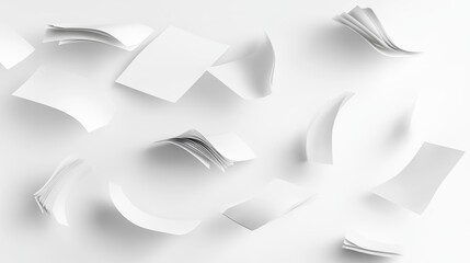 3d isolated fly white paper sheet. Fall document page on transparent background in vector. Realistic office paperwork piece set falling down. Bent and curl A4 scatter away on wind mockup clipart