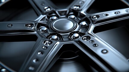 Close-up of a sleek, metallic, five-spoke wheel with rivets.