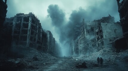 Desolate, smoke-filled city ruins; two figures walk.