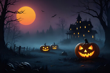 Fototapeta premium Spooky Halloween Scene with Pumpkins and Haunted House