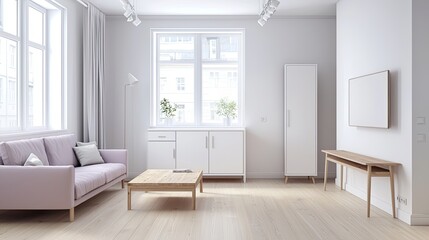 Spacious studio apartment with light wooden floors, white walls, and a soft lavender sofa