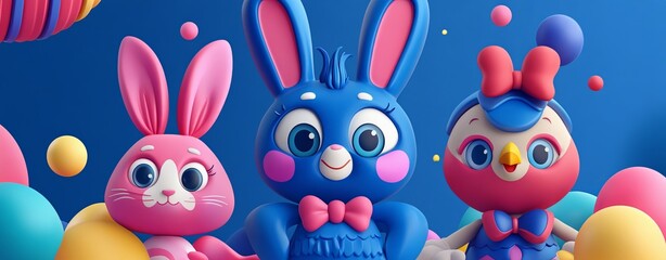 Obraz premium Colorful 3D Illustration of Rabbit, Bird, and Cat Characters