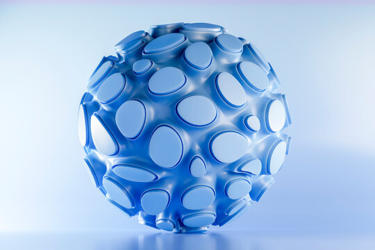 3D rendering of blue crystal sphere with holes