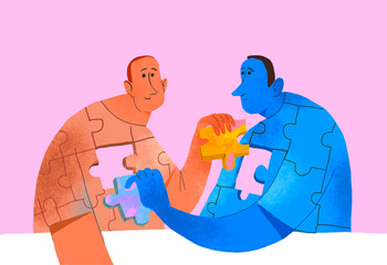 Abstract illustration of two figures with puzzle pieces symbolizing mental health and connection