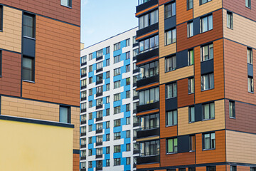 Modern apartment building with colorful facades on the outskirts of the city. Residential Complex 'In the forest', Moscow, Russia