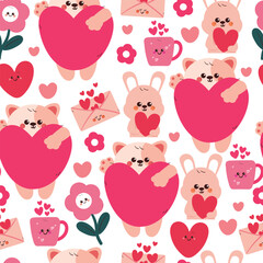 seamless pattern cute cartoon cat and bunny holding pink heart. cute animal pattern for valentine wallpaper, background