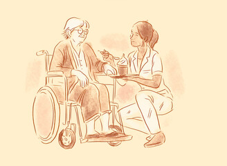 Illustration of a nurse providing care to an elderly person in a wheelchair