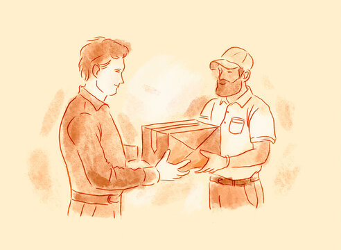 Illustration of a courier delivering a package to a customer